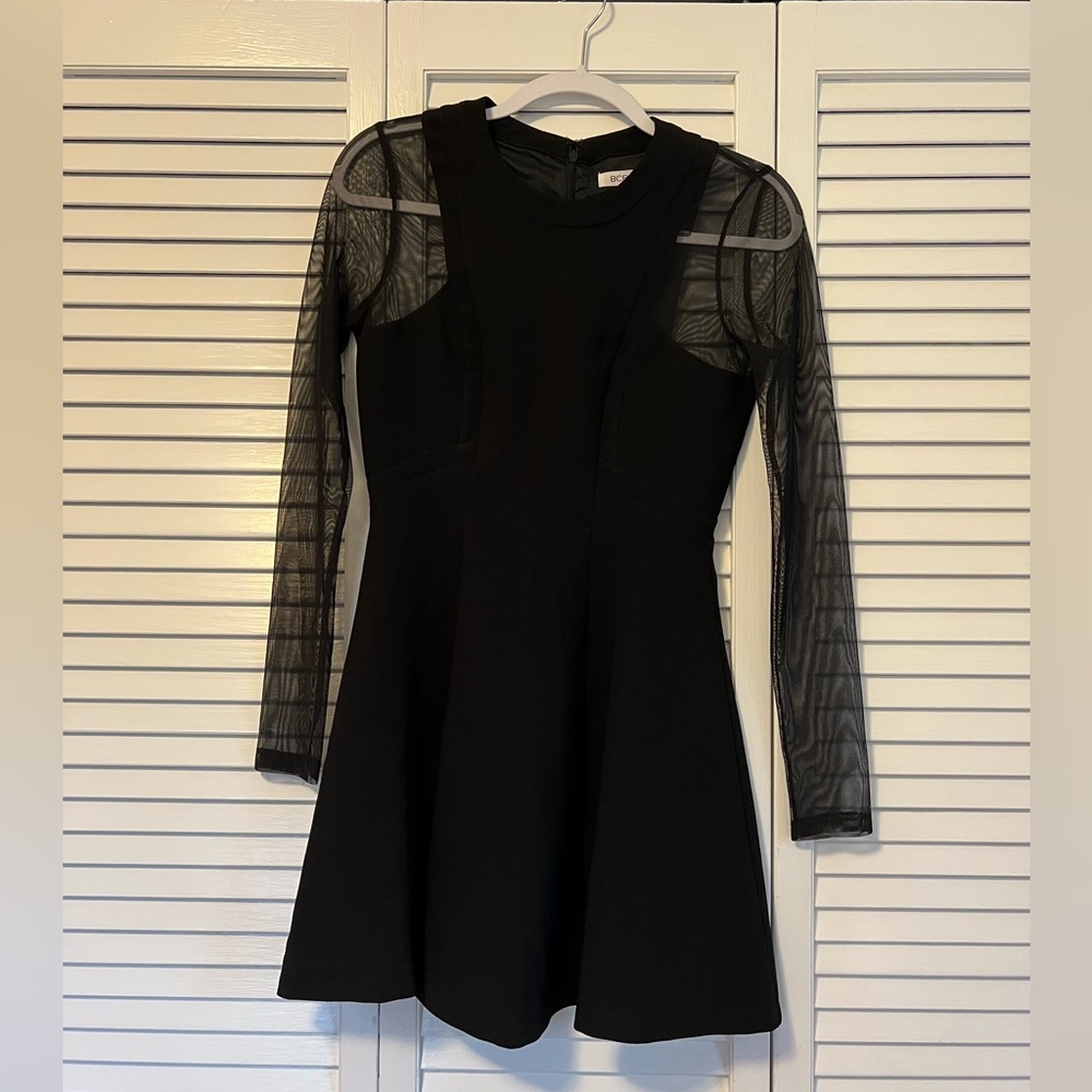 BCBGeneration, black, long sleeves, mesh sleeves, fit and flare